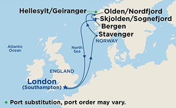 Norvég fjordok Princess útvonal térkép